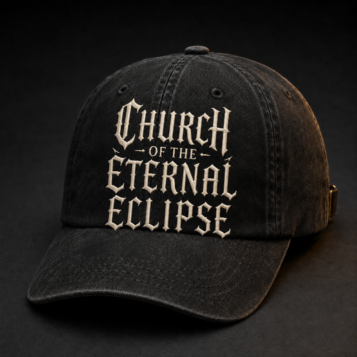 Washed-black vintage cap with complete Church of the Eternal Eclipse wordmark embroidery; the C and H are fully visible
