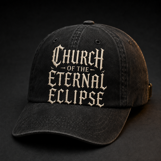 Washed-black vintage cap with complete Church of the Eternal Eclipse wordmark embroidery; the C and H are fully visible