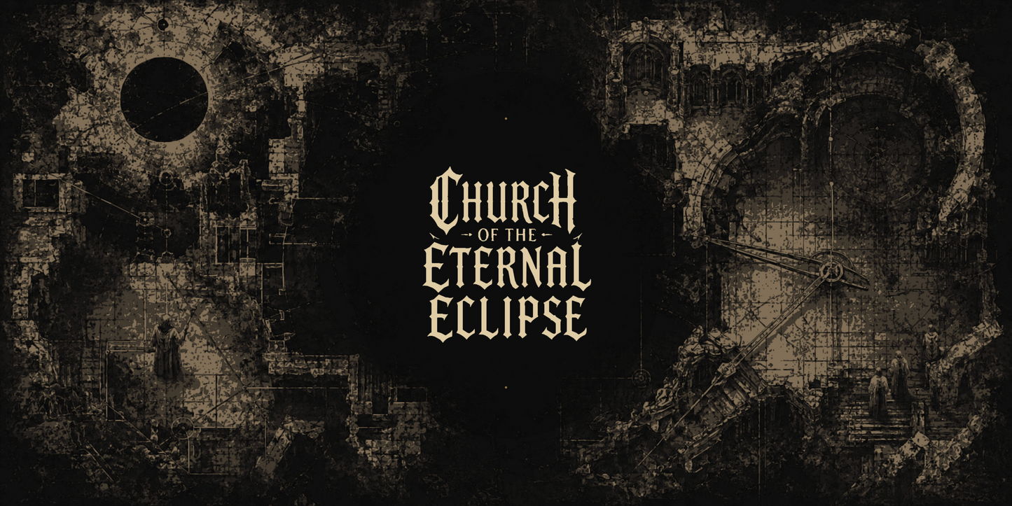 Forbidden Cartography desk mat artwork with ruined eclipse observatory and exact Church wordmark