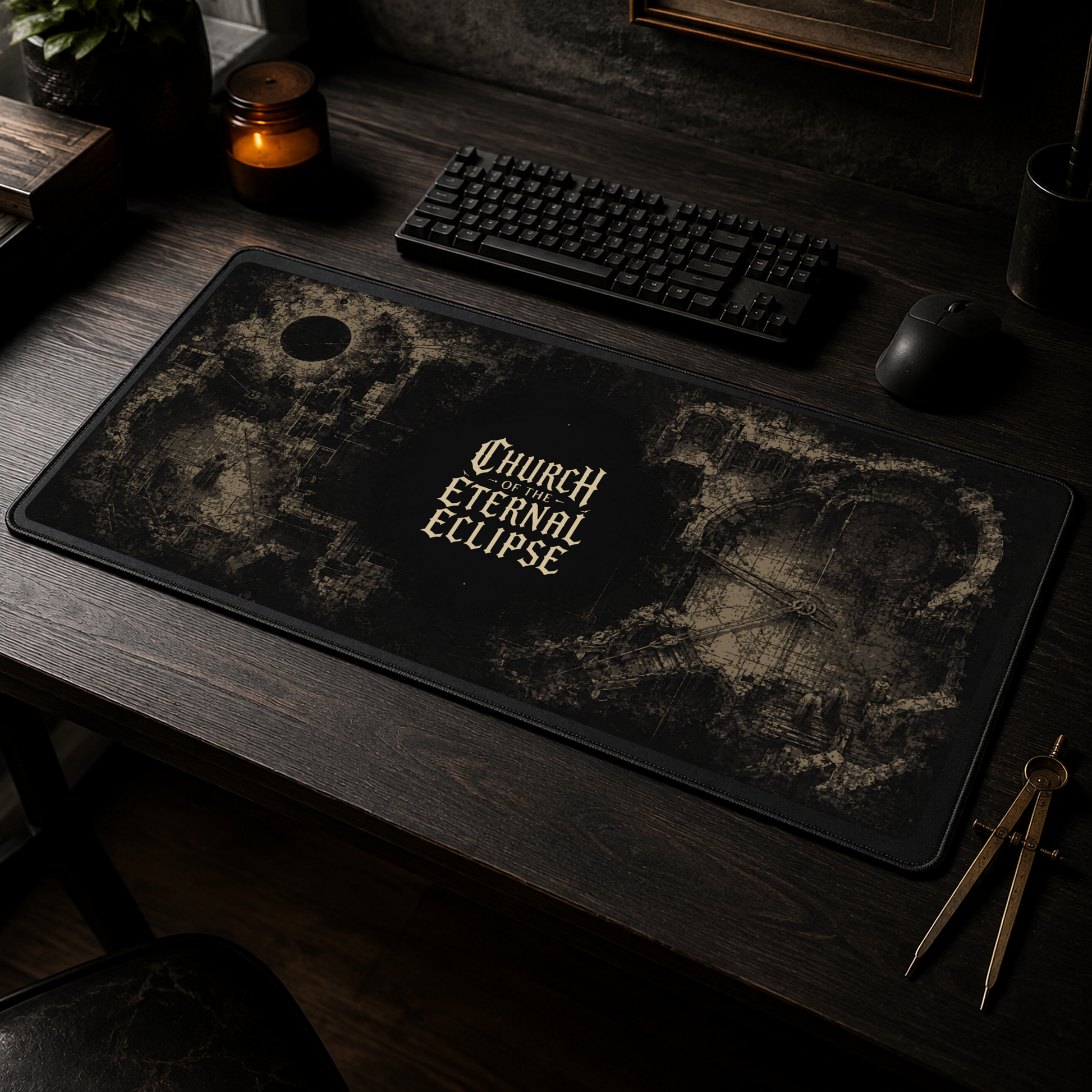 Church of the Eternal Eclipse Forbidden Cartography desk mat in a dark photographic workstation