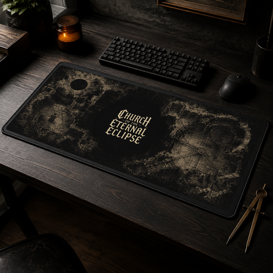 Church of the Eternal Eclipse Forbidden Cartography desk mat in a dark photographic workstation