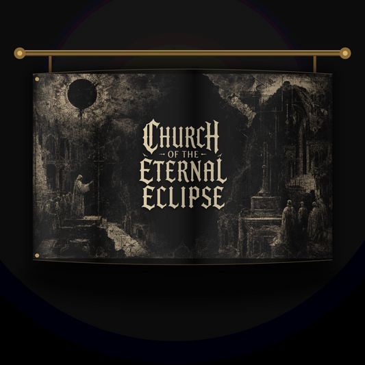 Black Forbidden Liturgy processional flag with ruined ecclesiastical engraving, black eclipse, cloaked witnesses, and the complete Church of the Eternal Eclipse wordmark