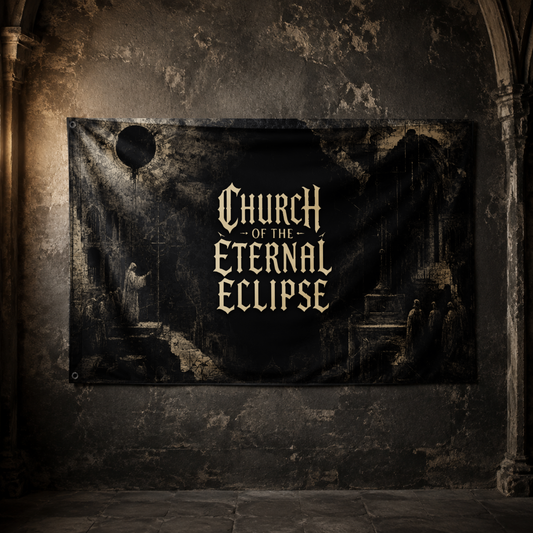 Forbidden Liturgy Processional Flag displayed in a dark ecclesiastical interior, showing the complete Church of the Eternal Eclipse artwork