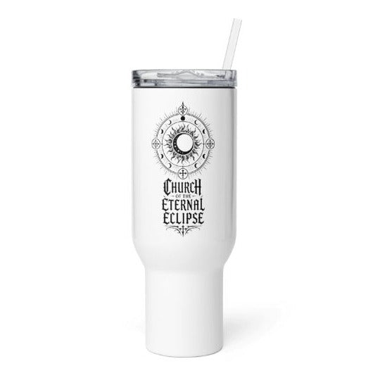 White 40 oz handled tumbler with black Church of the Eternal Eclipse sigil