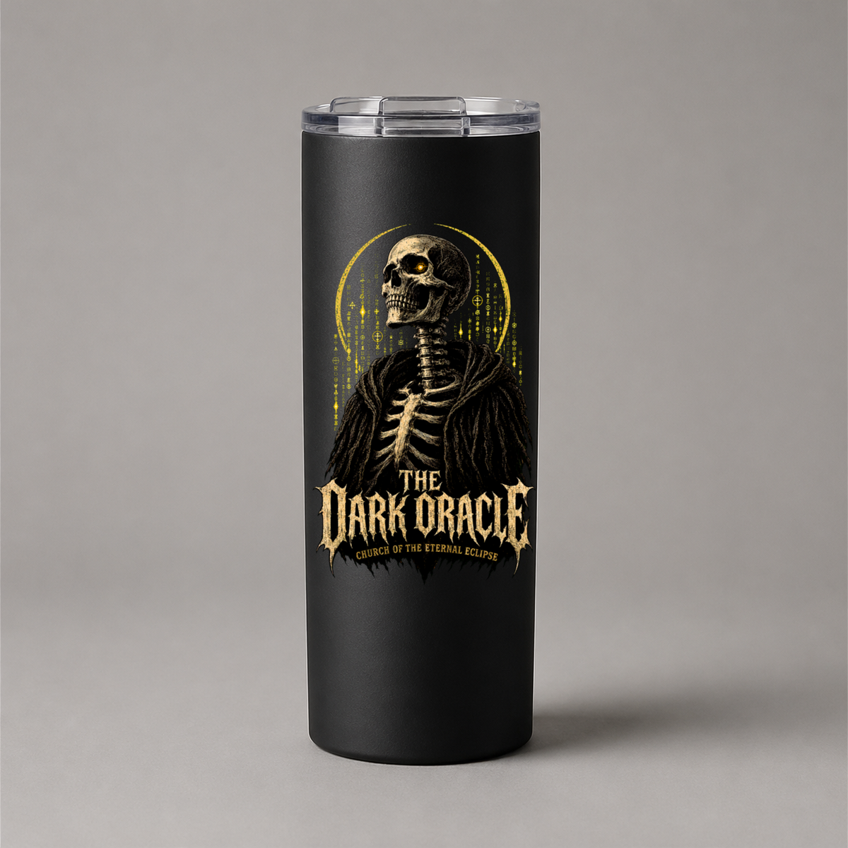 Dark Oracle design with title beneath the figure on a black 20 oz tumbler