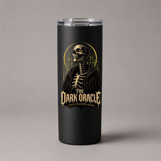 Dark Oracle design with title beneath the figure on a black 20 oz tumbler