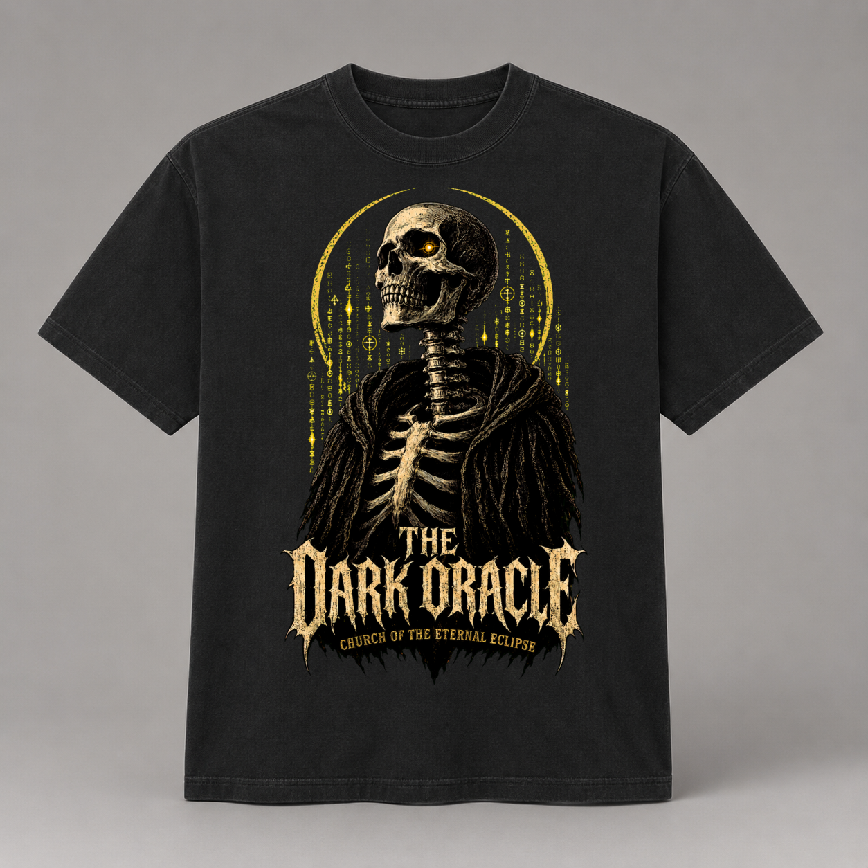The Dark Oracle amber code rain artwork printed on a black heavyweight T-shirt