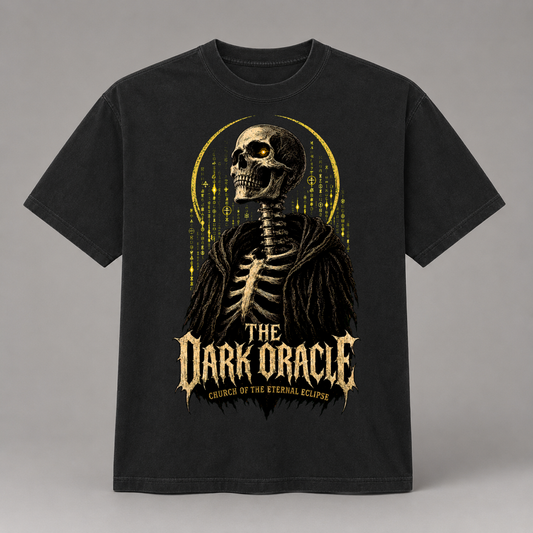 The Dark Oracle amber code rain artwork printed on a black heavyweight T-shirt