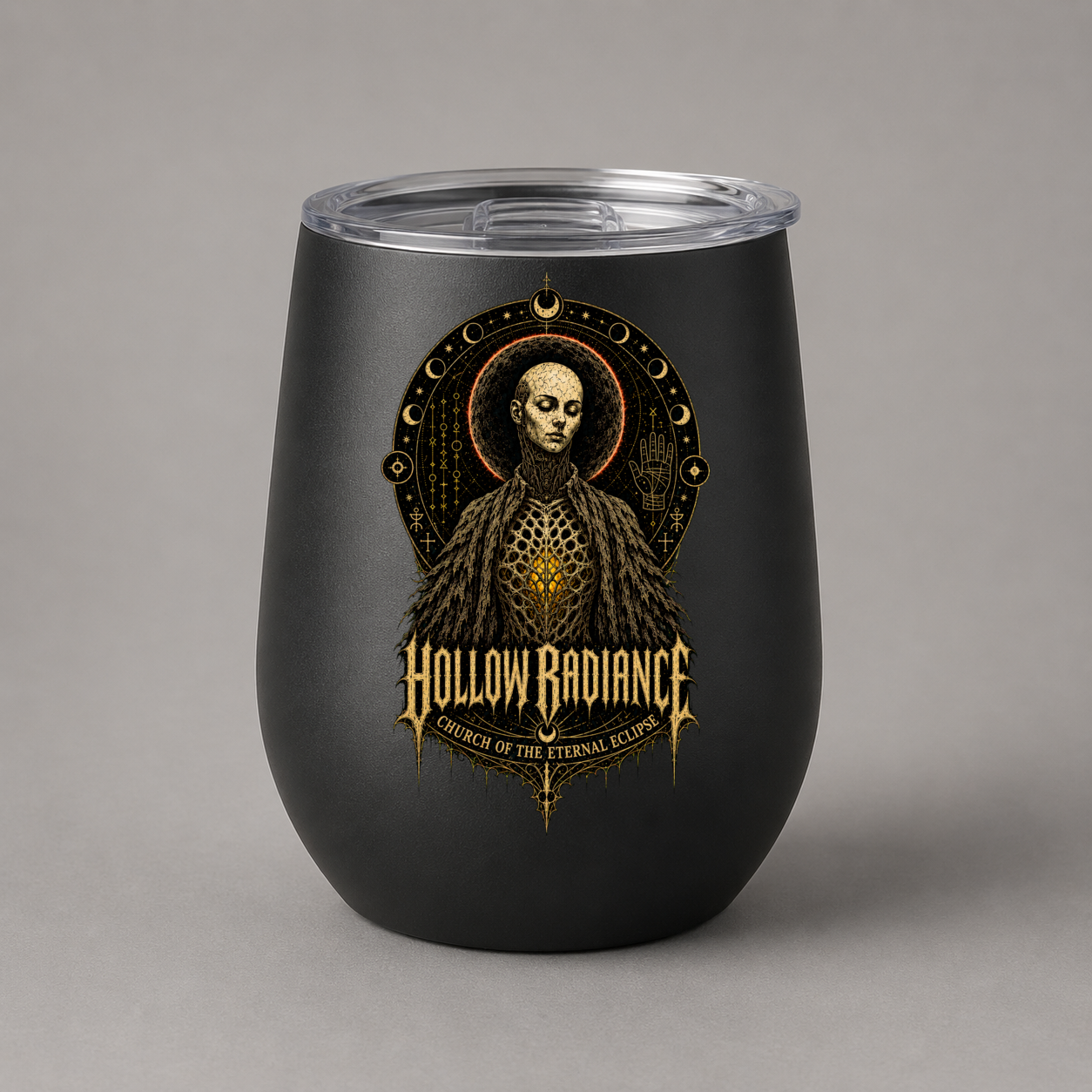 Herald of Hollow Radiance design on black 12 oz wine tumbler