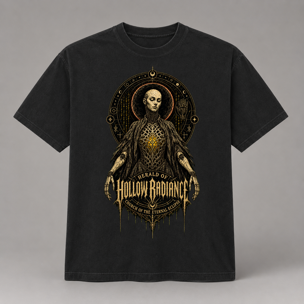 Herald of Hollow Radiance artwork printed on a black heavyweight T-shirt