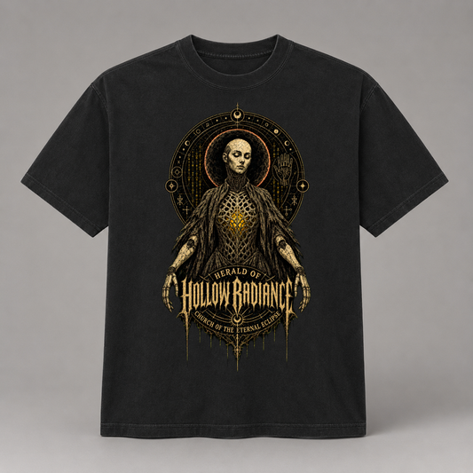 Herald of Hollow Radiance artwork printed on a black heavyweight T-shirt